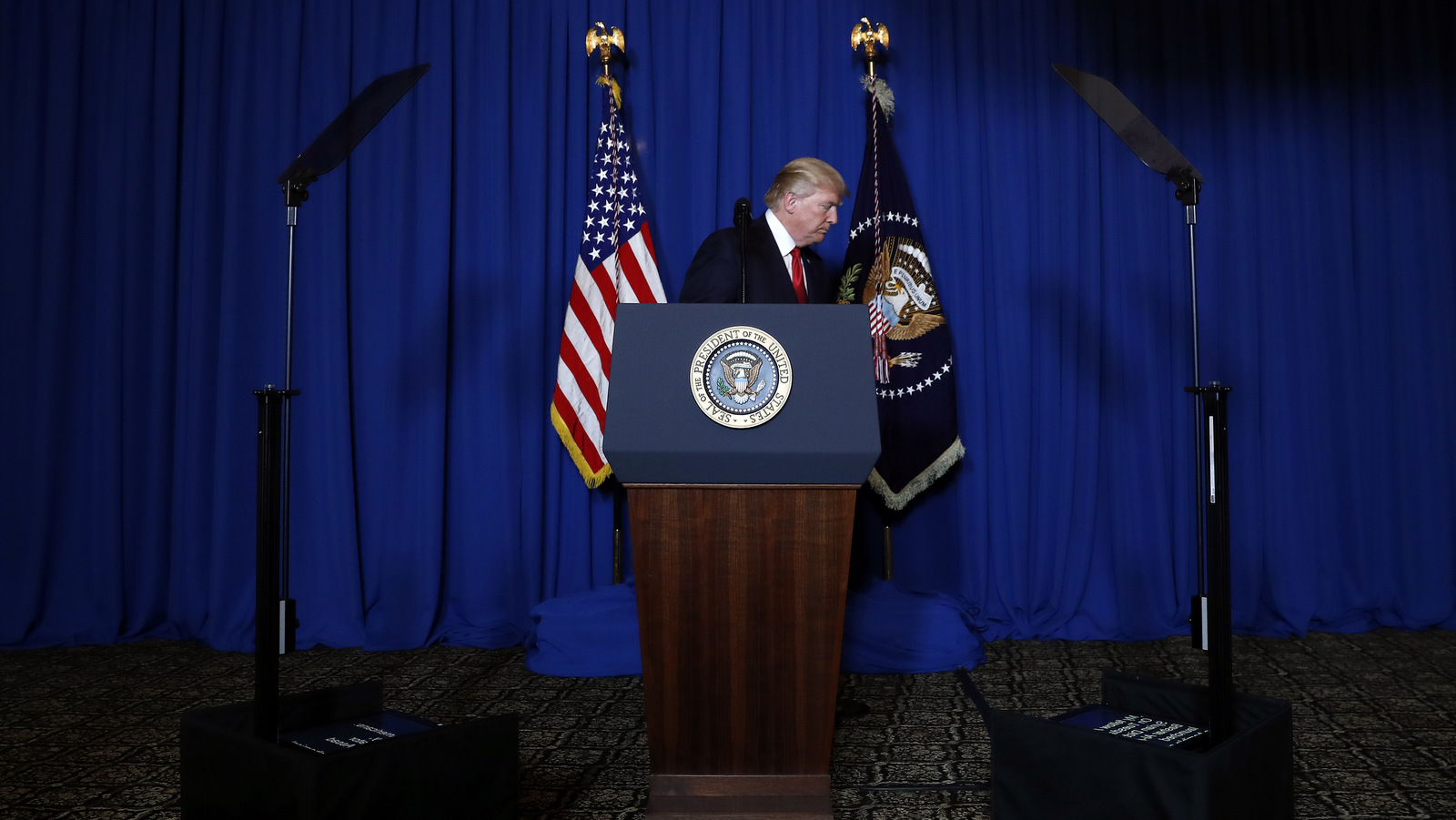 President Donald Trump walks from the podium after speaking at Mar-a-Lago in Palm Beach, Fla., Thursday, April 6, 2017, after the U.S. fired a barrage of cruise missiles into Syria. (AP/Alex Brandon)