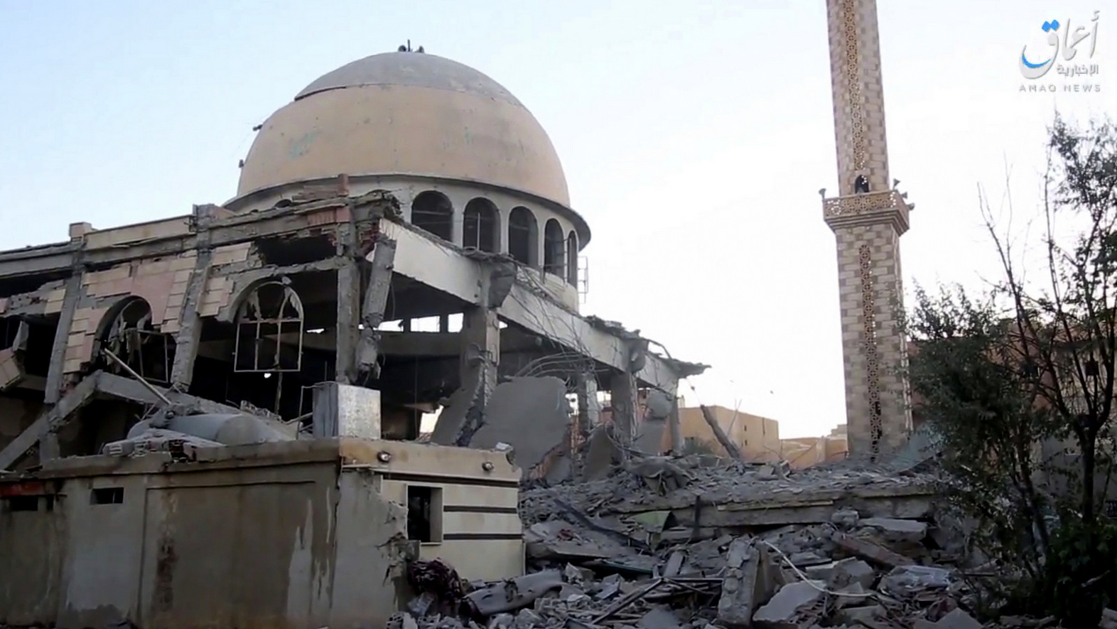 A mosque destroyed by bombardment by the U.S.-led coalition in the northern Syrian city of Raqqa. (Aamaq News Agency via AP)