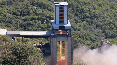 FILE PHOTO A demonstration of a new rocket engine for the geo-stationary satellite at the Sohae Space Center in Pyongyang © KCNA 