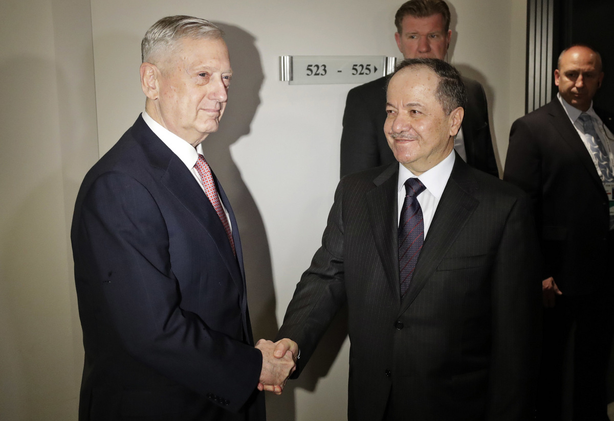 US Defense Minister Jim Mattis shakes hand with Iraqi Kurdish leader Masoud Barzani prior to the Munich Security Conference in Munich, southern Germany, Friday, Feb. 17, 2017. (AP/Matthias Schrader)