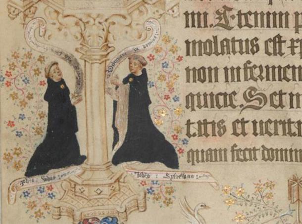 Portraits of John Whas, the scribe, and John Siferwas, the artist of the Sherborne Missal, on the page for Easter Day: Add MS 74236, p. 216 (detail). (Public Domain)