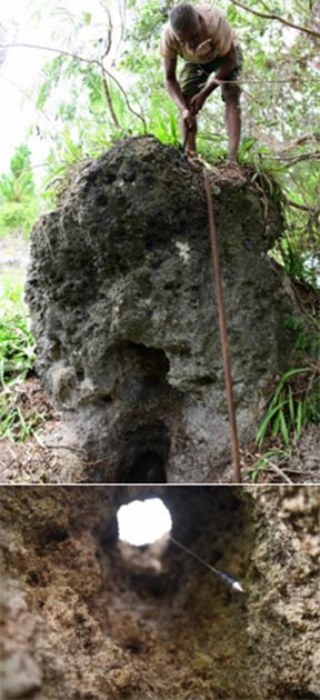 Top: The remains of the concrete core excavated by Chevalier in 1959. Bottom: A view looking up its central shaft. (Author provided)