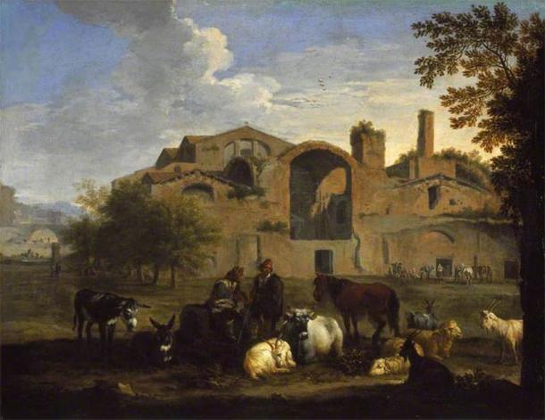 Landscape painting by Pieter van Bloemen showing the Baths of Diocletian in Rome. (Public domain)