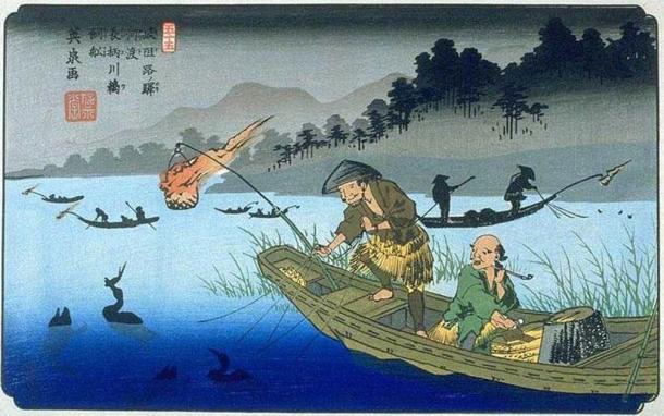 Keisai Eisen's print of cormorant fishing on the Nagara River during the Edo period. (Public Domain)