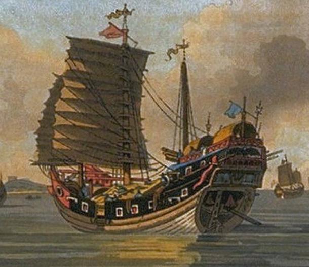 The distinctive curve of a Chinese 'Junk Ship'. Pirate fleets flew a red flag