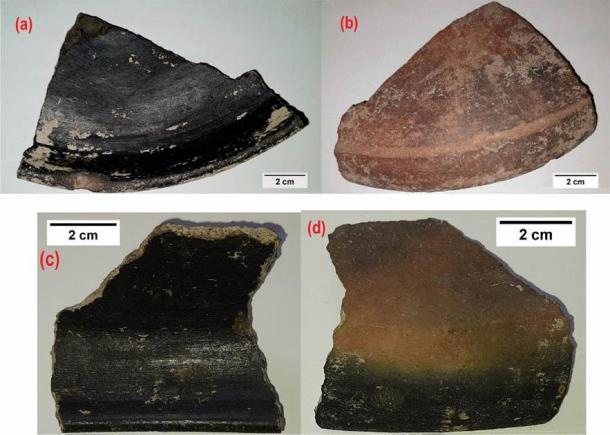 Keeladi Pottery shards (a,c) Inner portion showing the shining black coating (evidence of the nanomaterial presence), (b,d) Outer portion of the pottery shards. (Manivannan Kokarneswaran et al. 2020/Nature)