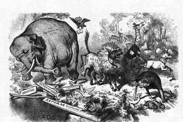 1874 Nast cartoon featuring the first notable appearance of the Republican elephant