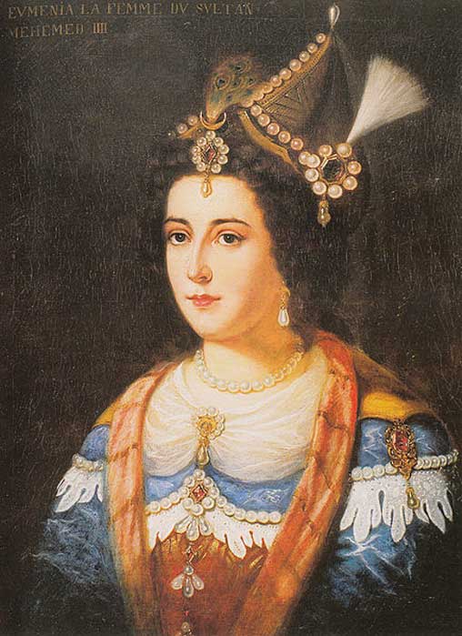 Portrait of Emetullah Rabia Gülnuş Sultan, Valide Sultan of the Ottoman Empire, 1695-1715. She was the last imperial concubine to be legally married to an Ottoman Sultan.