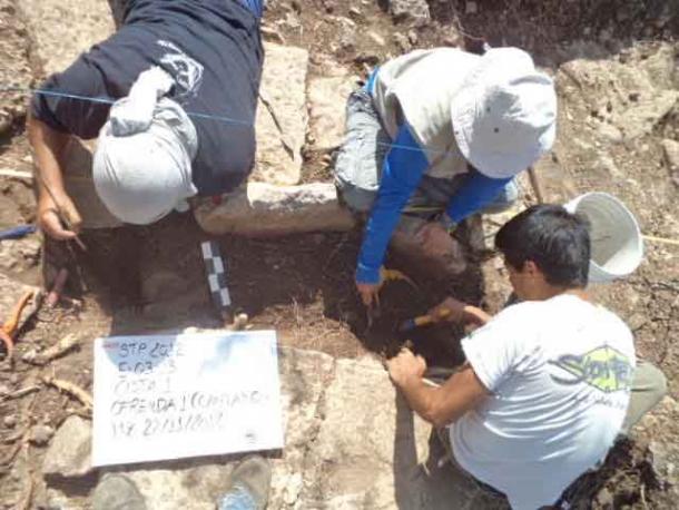 Archaeologists excavating cist burial at the Tamanache site, Mérida, Yucatán. (WSU) Two of the Maya drug containers analyzed in the study came from this excavation.