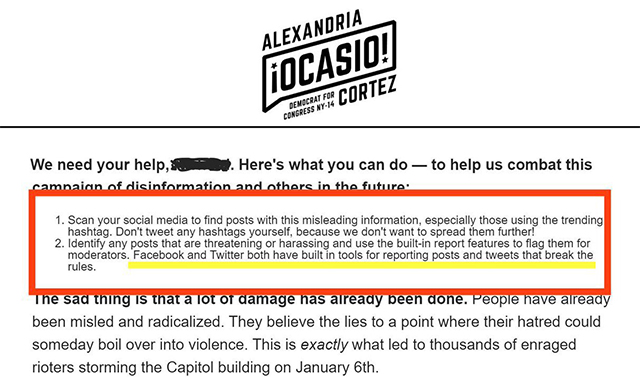 AOC Emails Supporters, Asks Them to Mass-Report People Who Tweeted #AlexandriaOcasioSmollet