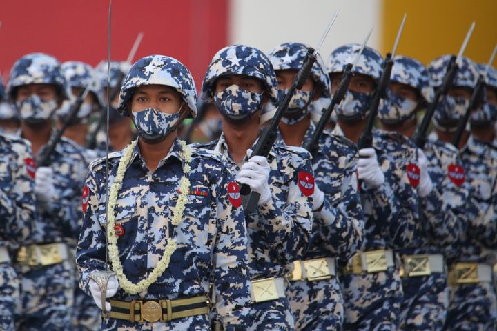 Military personnel participate in a parade on Armed Forces Day in Naypyitaw, Myanmar, Saturday, March 27, 2021.&nbsp;