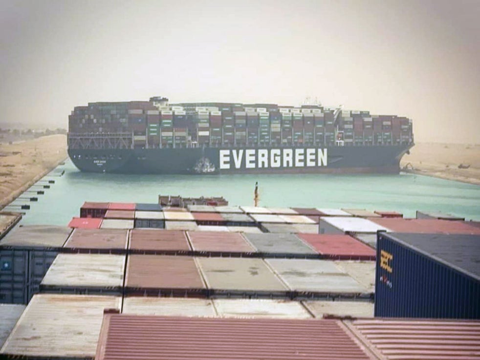 <p/>An image of the Ever Given blocking the Suez Canal, taken from another container ship