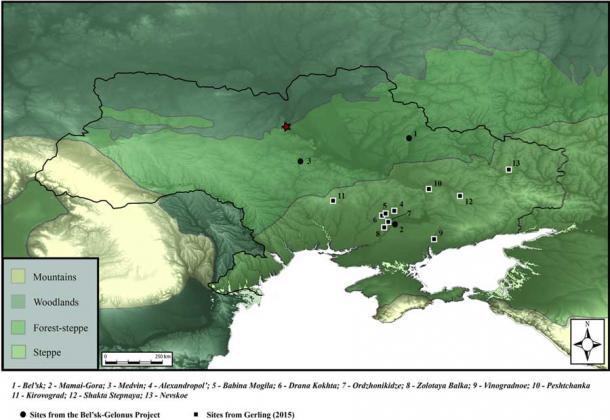 In this map of the Ukraine and its surroundings, the remains discovered and under analysis have been marked. (Miller et. al / PLOS ONE )