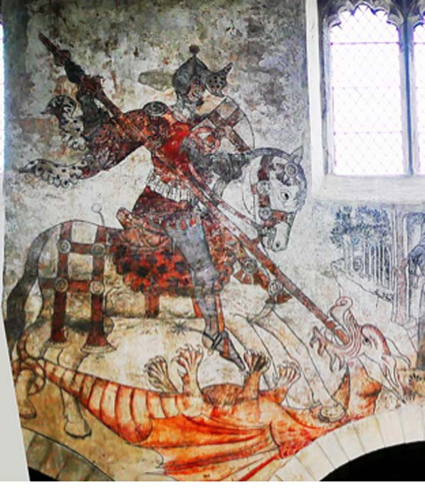 Closeup of mural of St. George slaying the dragon at St Peter and St Paul Church, Pickering, England. (Helge Klaus Rieder / CC0)