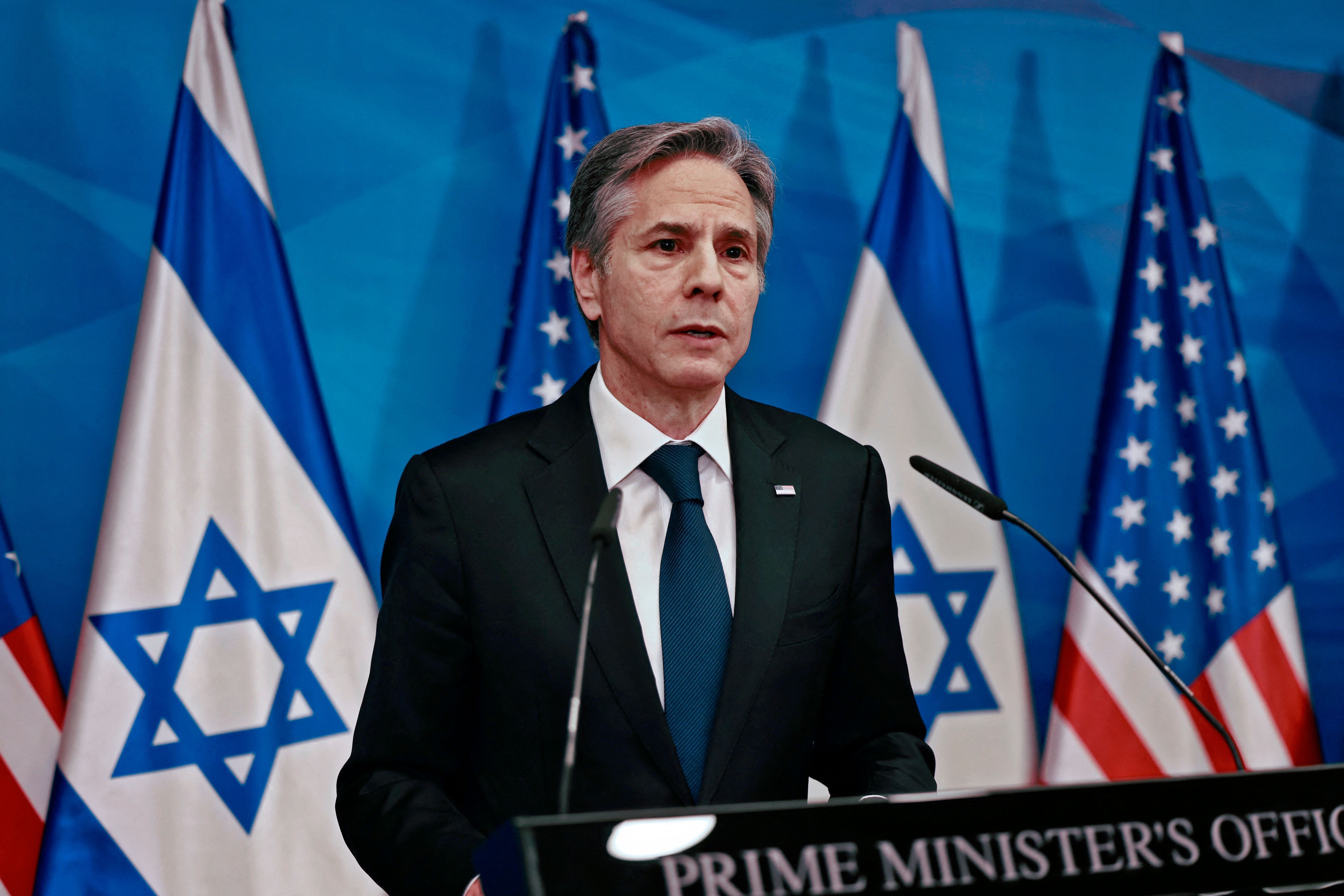 Secretary of State Anthony Blinken speaks during a joint press conference with Israel's prime minister in Jerusalem on May 25