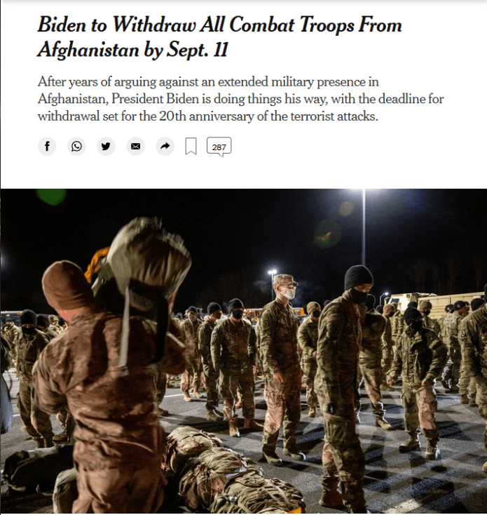 NYT: Biden to Withdraw All Combat Troops From Afghanistan by Sept. 11