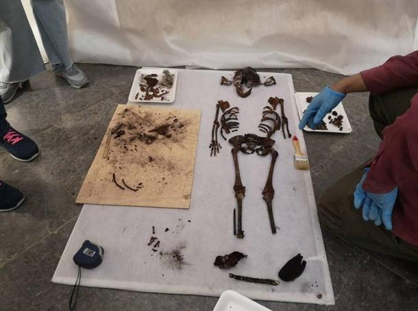 The skeletal remains of the child and other findings discovered in the Alcazar burial.