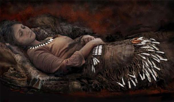 A total of 90 elk teeth were placed next to the hips and thighs of a female skeleton, possibly attached to a garment resembling an apron for elk tooth dances, found in northwestern Russia. This painting shows what the Yuzhniy Oleniy Ostrov woman may have looked like when she died. (Tom Bjorklund / University of Helsinki)