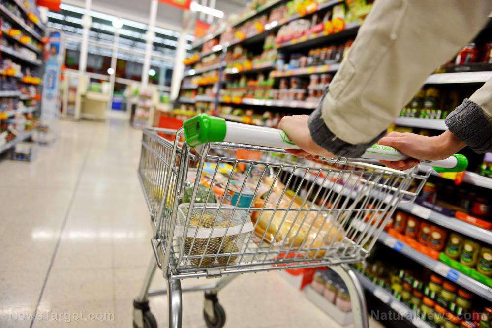 5 Reasons to stockpile food now Supermarket-grocery-store-uk-consumption-trolley-cart