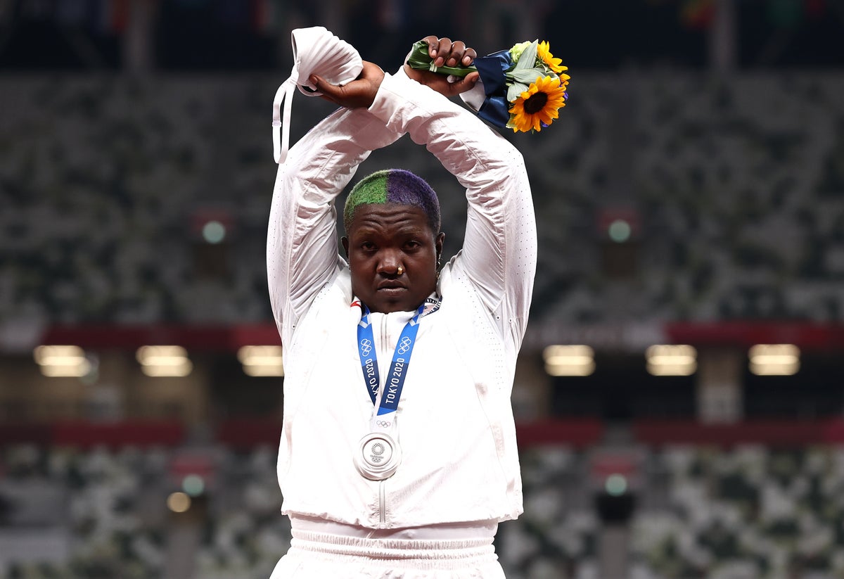 Team USA’s Raven Saunders raises arms in ‘X’ in protest during Olympics medal ceremony