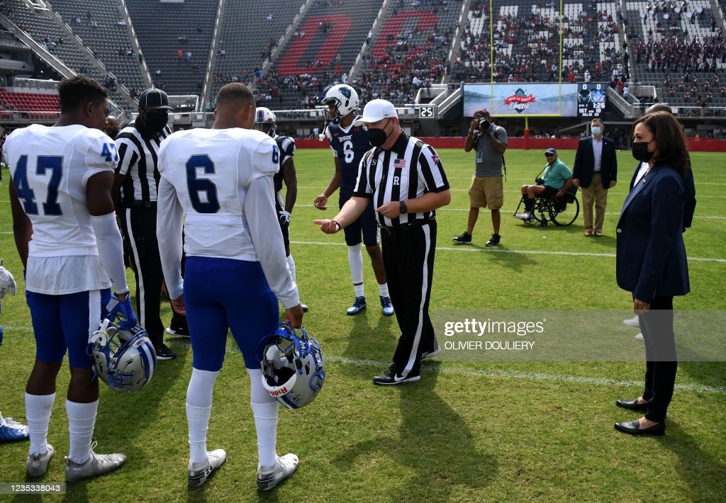 Vice President Kamala Harris participates in the coin toss at the opening of the football game between Howard University and Hampton University at...