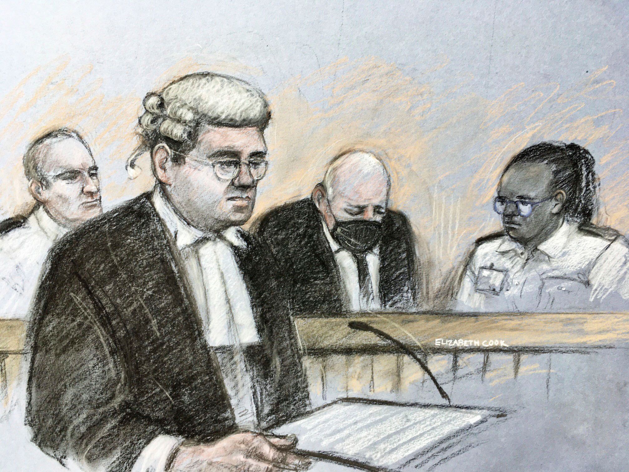 This court artist sketch by Elizabeth Cook shows prosecutor Tom Little QC speaking as former Metropolitan Police officer Wayn