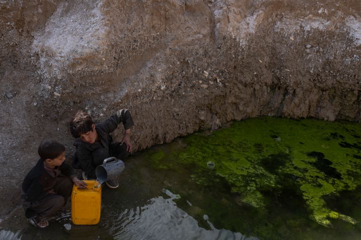 Brothers fill canisters with water from a pool of stagnant water about 3 kilometers (2 miles) far from their home in Kamar Kalagh village outside Herat, Afghanistan, Friday, Nov. 26, 2021. (AP Photo/Petros Giannakouris)