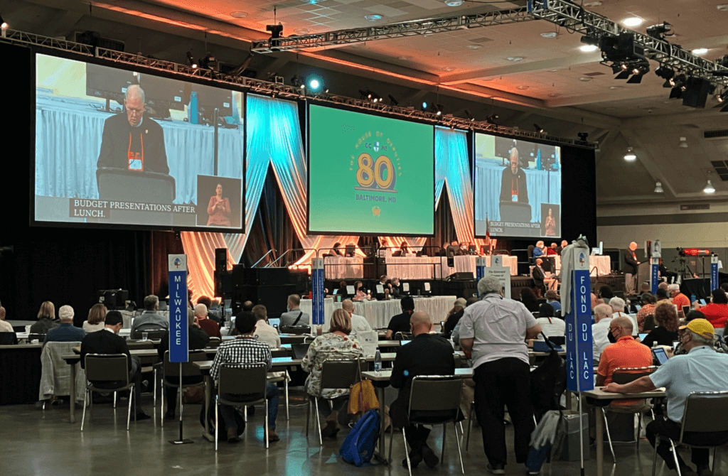 The Rev. Mike Ehmer, chair of the Joint Standing Committee on Program, Finance & Budget, presents the 2023-24 budget proposal to a joint session of the 80th General Convention in Baltimore, Maryland. (Photo: David Paulsen/Episcopal News Service)