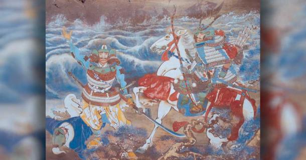 The 1274 and 1281 AD Mongol invasions of Japan were well equipped and favored overall but both times the samurai and their “magical” storms won the day! Two Samurai with a dead Mongol at their feet from a votive image (ema) at the Komodahama Shrine on Tsushima, approximately halfway between Kyushu and the Korean Peninsula. Source: Public domain