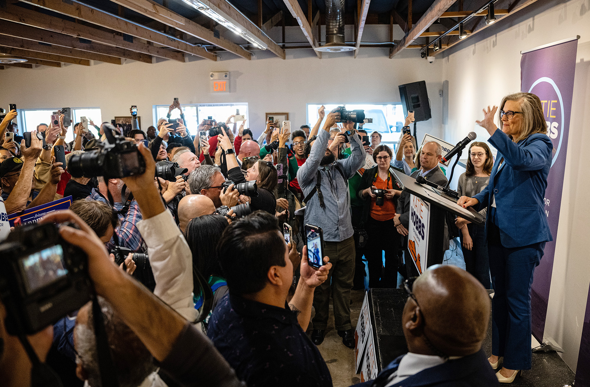 Governor-elect of Arizona Katie Hobbs waves to attendees at a rally to celebrate her victory on Nov. 15, 2022 in Phoenix, Arizona. 