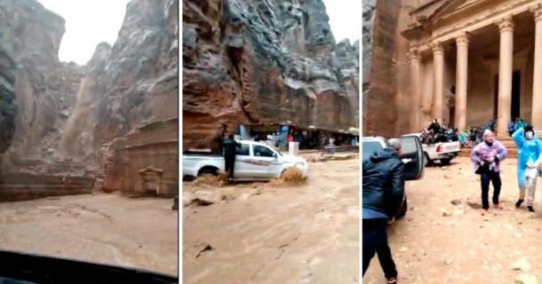 Scenes of the evacuation and flood of Petra historic site. Source: Twitter Screenshot