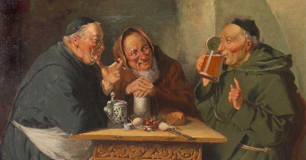 The world’s oldest brewery is located in Bavaria, Germany, established by Benedictine monks. Cellar scene with happy monks by Simony Jenson, 1904. Source: Public Domain
