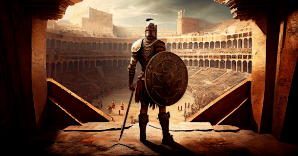 A gladiator stands facing the Roman colosseum. Source: AIGen / Adobe Stock.