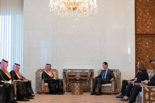 Faisal bin Farhan Al Saud, Minister of Foreign Affairs of Saudi Arabia meets Bashar al-Assad on April 18, 2023 in Damascus, Syria. Saudi Foreign Minister Prince Faisal bin Farhan arrived in Damascus on Tuesday, for the first such visit to Syria in 12 years [Saudi Arabian Foreign Ministry / Anadolu Agency]