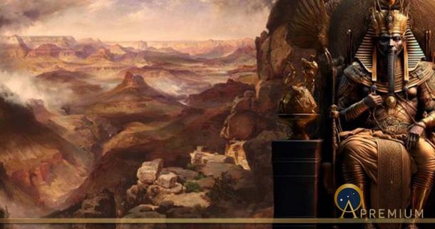 Grand Canyon of the Colorado River (1892–1908) by Thomas Moran, illustrator of John Powell’s book (Public Domain) and Pharaoh on a Throne (amith/ (Adobe Stock)