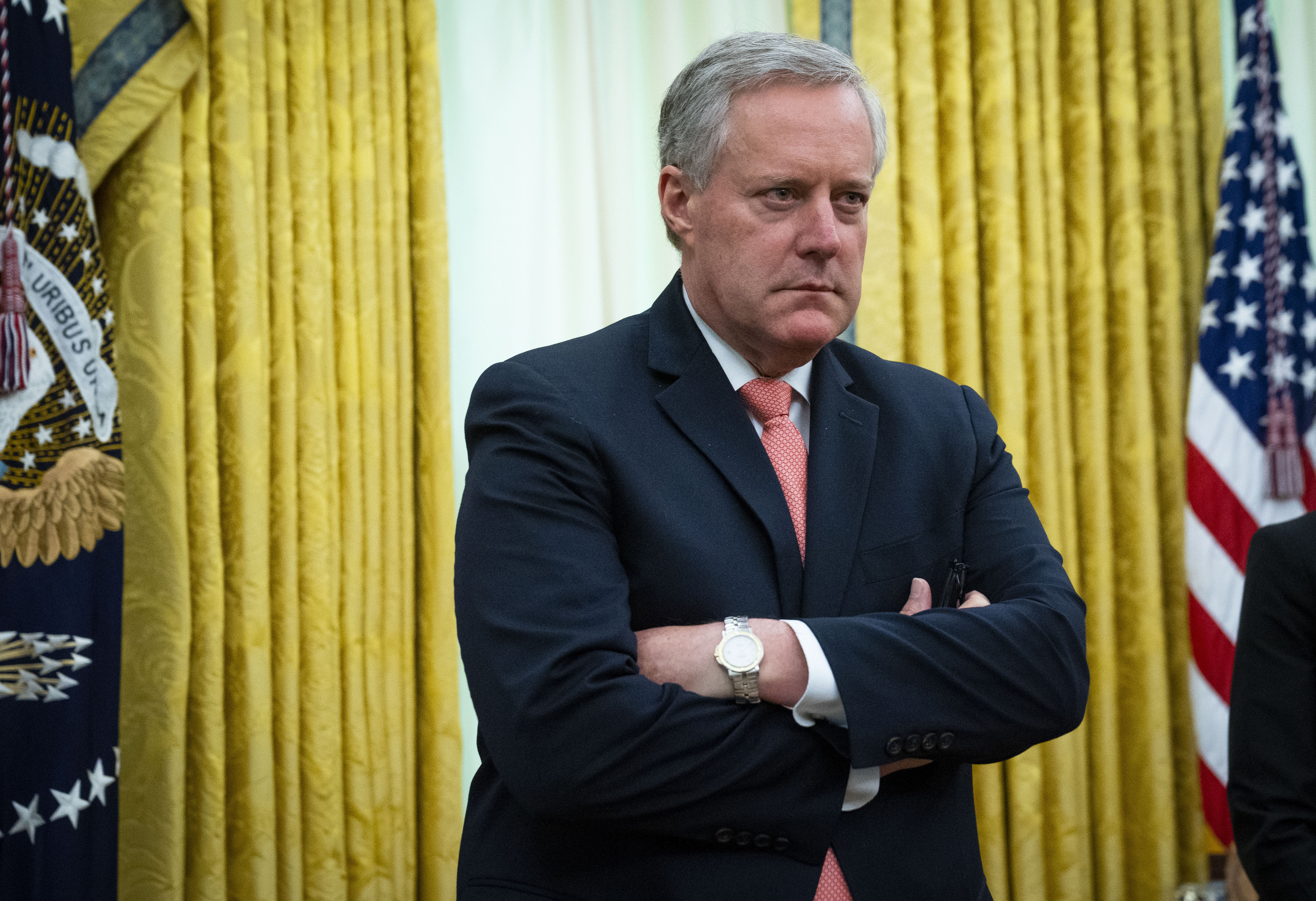 White House Chief of Staff Mark Meadows listens as U.S. President Donald Trump meets with New Jersey Gov. Phil Murphy in the Oval Office of the White House April 30, 2020. (Doug Mills/The New York Times/Pool/Getty Images)