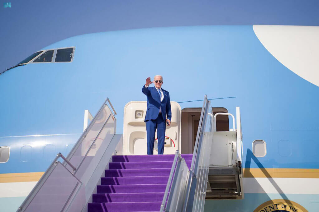 US President Joe Biden boards Air Force One before departing from King Abdulaziz International Airport in the Saudi city of Jeddah on July 16, 2022. (Photo: Saudi Press Agency)