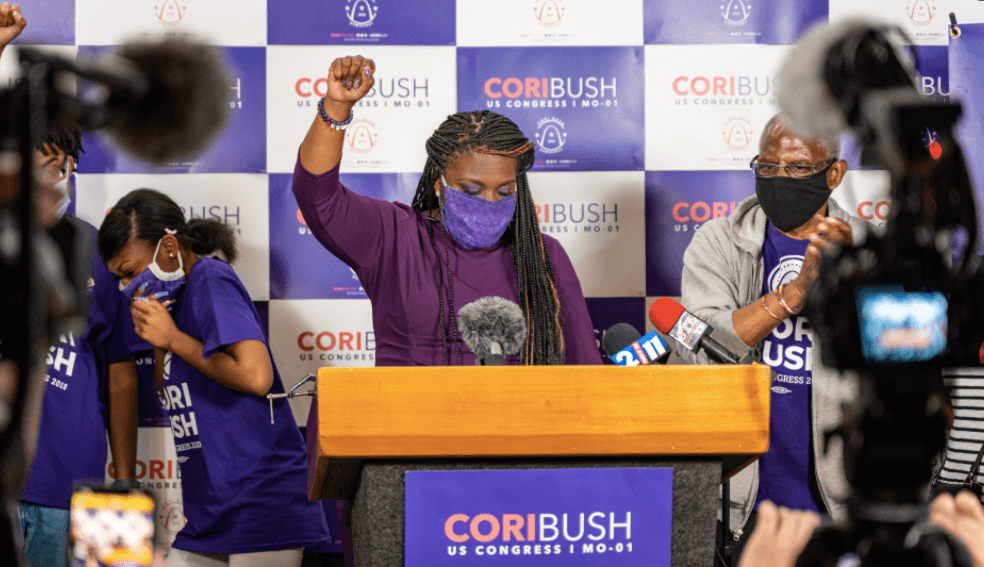 Cori Bush gives her victory speech when she won her Democratic primary four years ago on August 4, 2020 in St. Louis, Missouri. (Cori Bush Twitter)