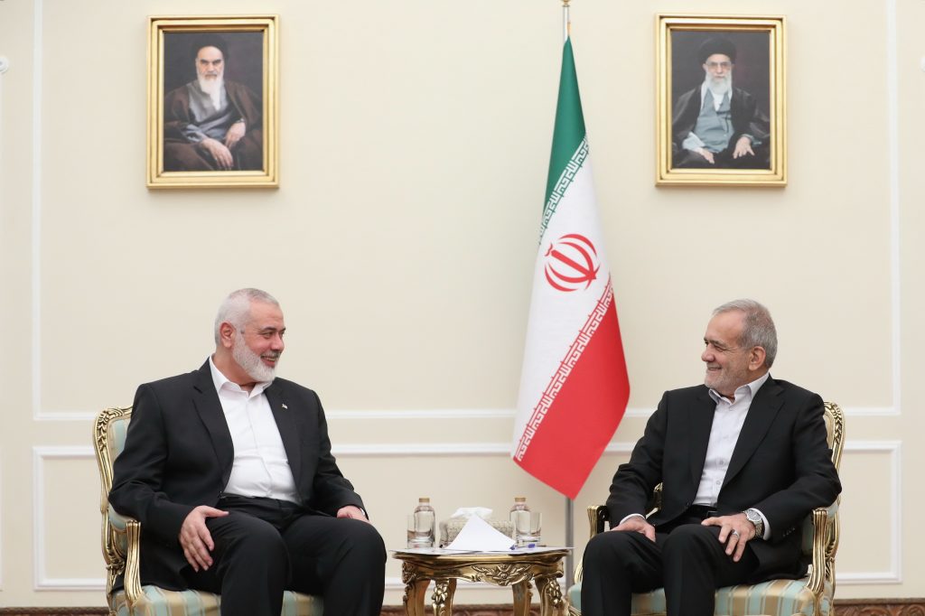 Iranian President Masoud Pezeshkian meets with Ismail Haniyeh, the Chairman of the Hamas Political Bureau, who traveled to Iran to participate in the swearing-in ceremony of the 14th term of the presidency, July 30, 2024. (Photo: Iranian Presidency Office/APA Images)